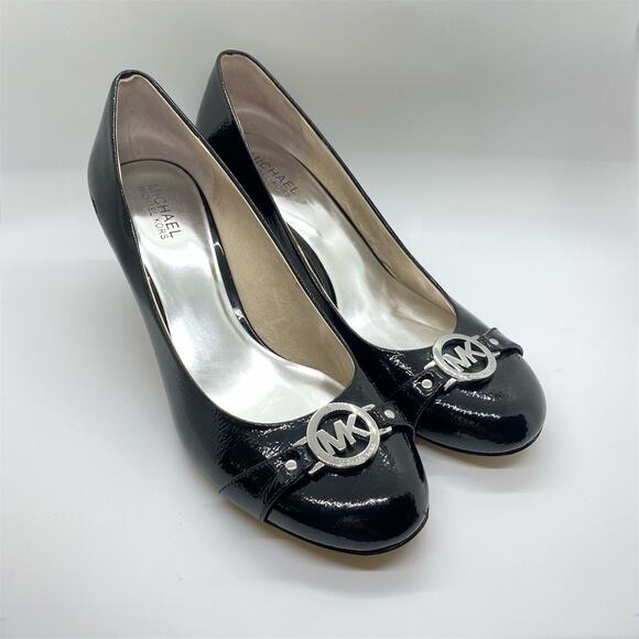 Michael Kors Michael Monogram Black Patent Leather Kitten Heels Sz 10 - Picture 1 of 8